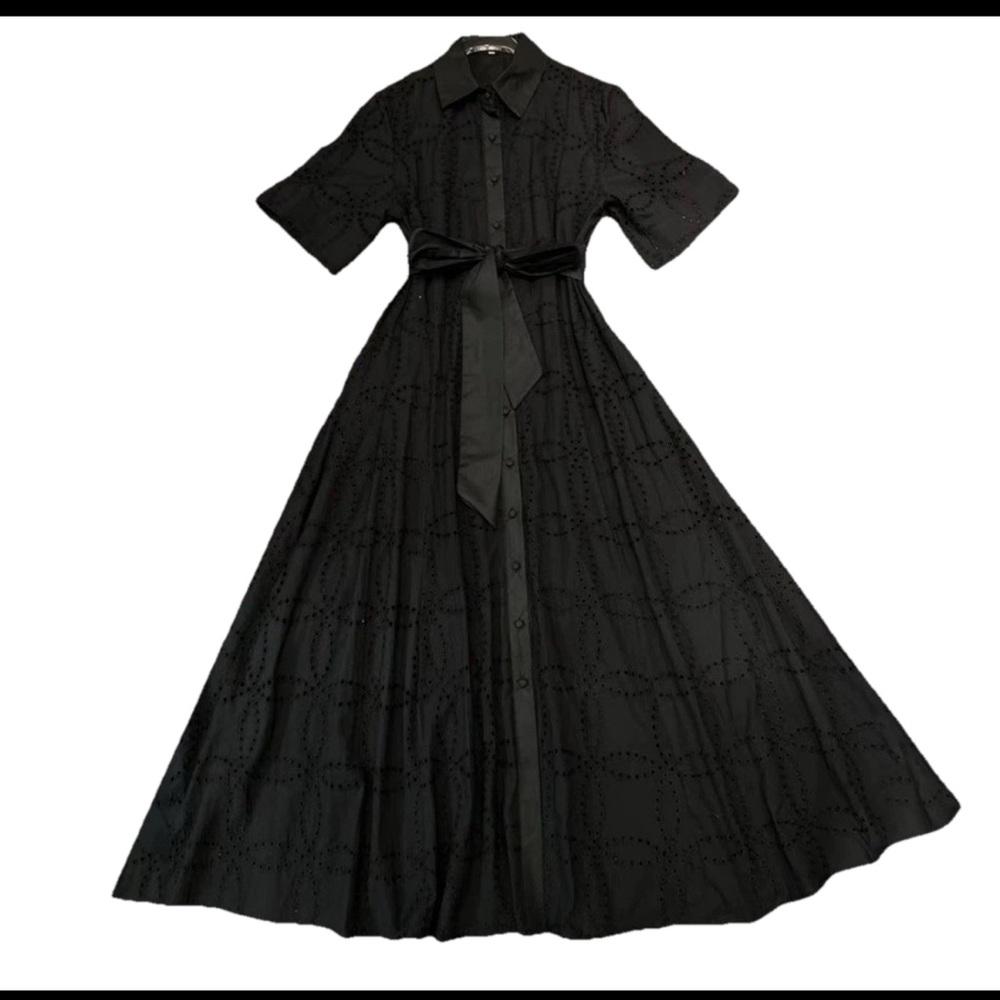 Lace-up Spliced Short Sleeve High Waist Lapel A-line Elegant Dress Black Med NWT